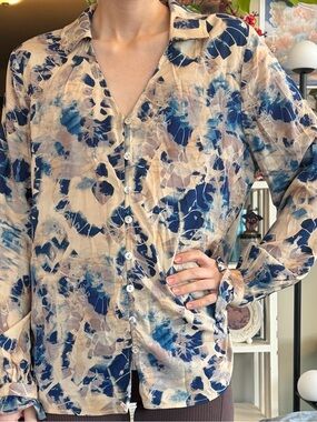 Beige and Navy Liverpool Button-Up Blouse